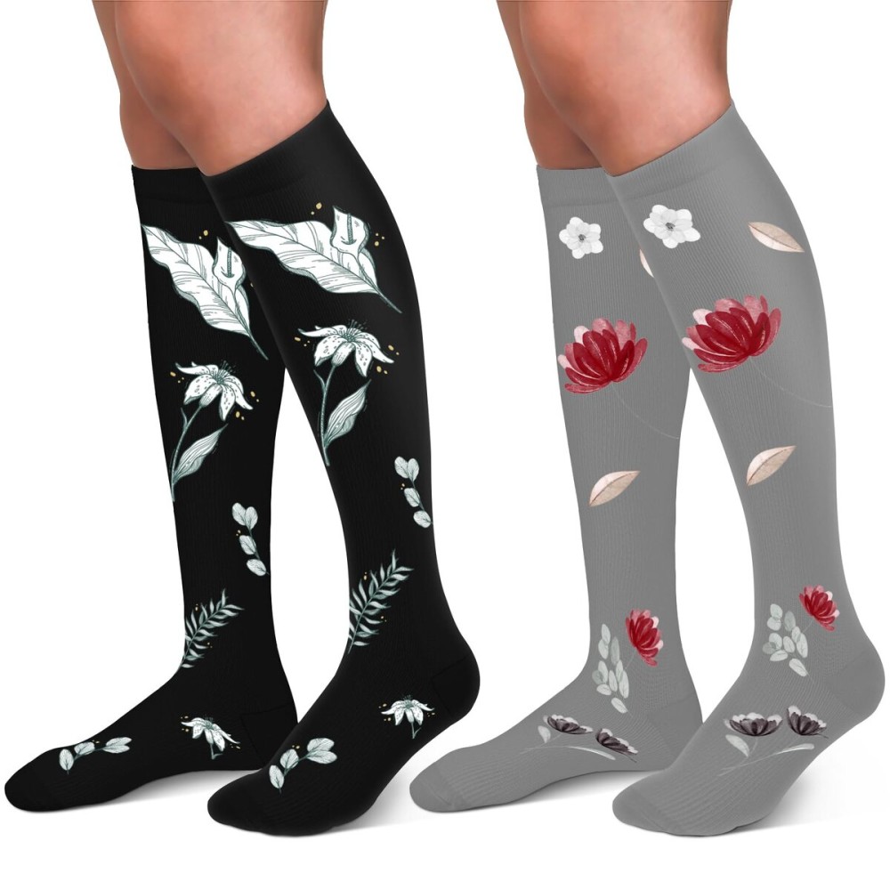 30-40mmHg Medical Graduated Compression Socks for Women&Men Circulation-Compression Stockings-Knee High Socks for Support,Hiking,Running(2 Pack Black Grey Flowers,S-M)