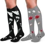 30-40mmHg Medical Graduated Compression Socks for Women&Men Circulation-Compression Stockings-Knee High Socks for Support,Hiking,Running(2 Pack Black Grey Flowers,S-M)