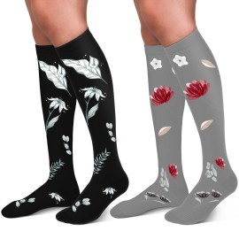 30-40mmHg Medical Graduated Compression Socks for Women&Men Circulation-Compression Stockings-Knee High Socks for Support,Hiking,Running(2 Pack Black Grey Flowers,L-XL)