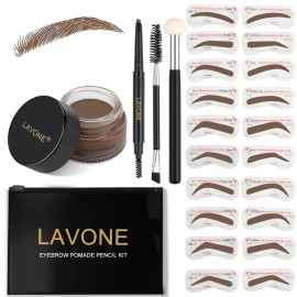 LAVONE Eyebrow Stamp Stencil Kit, Brow Stamp Trio Kit with Waterproof Eyebrow Pencil, Pomade, 20 Eyebrow Stencils, Dual-ended Eyebrow Brush and Sponge Applicator - Brunette