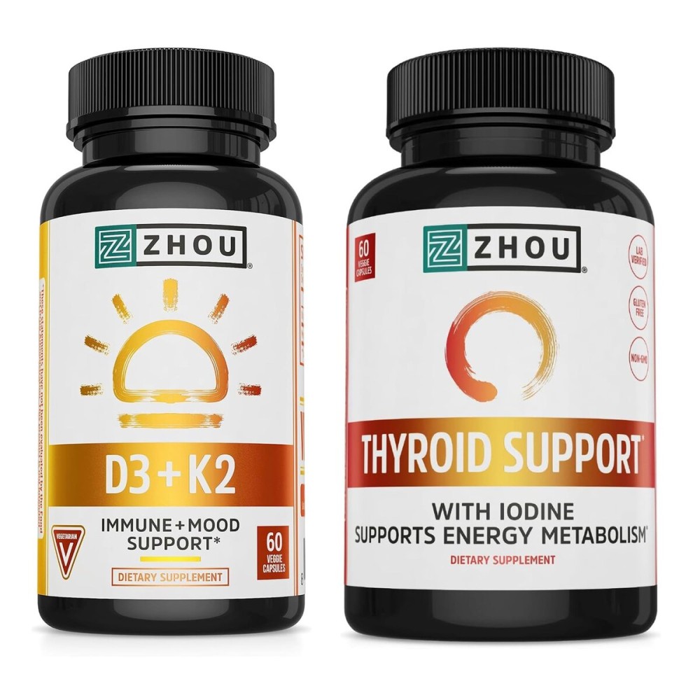 Zhou D3 + K2 & Thyroid Support - Vitamin D3 K2 Supplement for Women & Men with 5000 IU of Vit D & MK-7, Thyroid Supplement with Zinc, Iodine & Selenium, Metabolic Health - 60 Capsules Each (120 Total)