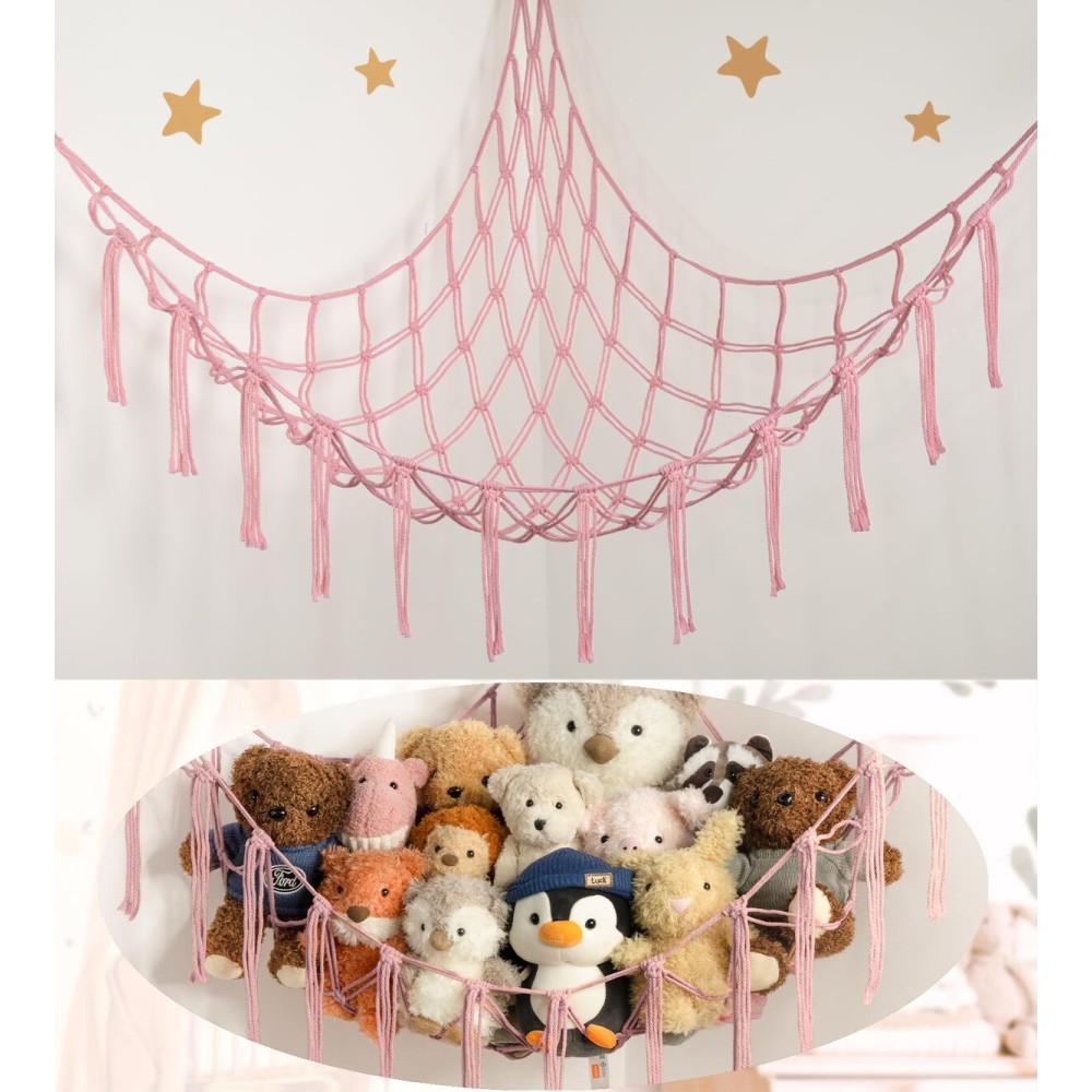 Stuffed Animal Storage Hammock or Net Corner - Large Toy Hammock Net for Stuffed Animals Room Decor - Cute Stuff Animal Organizer Plush Holder - Kids Baby Nursery Essentials Wall Bedroom Home Decor