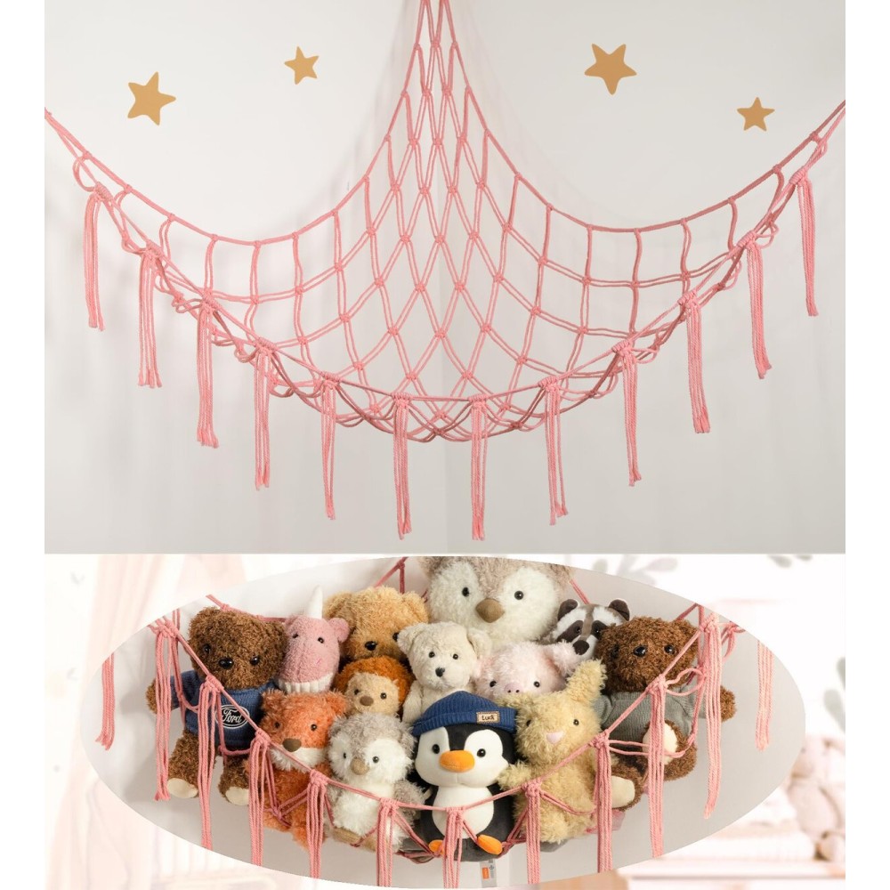 Stuffed Animal Storage Hammock or Net Corner - Large Toy Hammock Net for Stuffed Animals Room Decor - Cute Stuff Animal Organizer Plush Holder - Kids Baby Nursery Essentials Wall Bedroom Home Decor