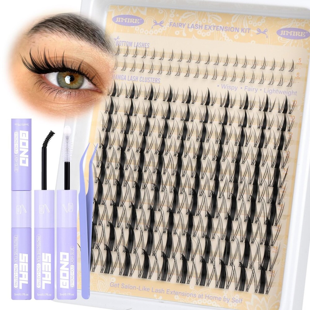 Manga Lash Clusters Kit Wispy Eyelash Clusters 10-18MM Fairy Lash Extension Kit with Lash Bond and Seal Natural Cluster Eyelash Extensions Kit with Lash Spikes and Bottom Lashes by JIMIRE