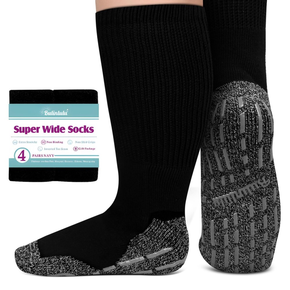 Bulinlulu Extra Width Socks for Swollen Feet-4 Pairs Hospital Grip Socks,Bariatric Socks,Diabetic Socks for Women Men 13-15(4 Pairs Dark Navy)