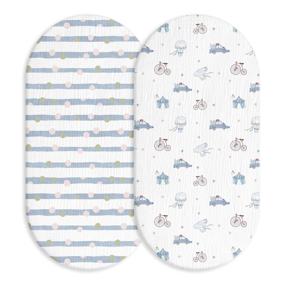 Muslin Bassinet Fitted Sheets, 2 Pack for Baby Boy and Girl, Soft Breathable Baby Pad/Mattress Sheet, Fit for Hourglass Oval and Rectangle Bassinet Mattress (Cute Cars)