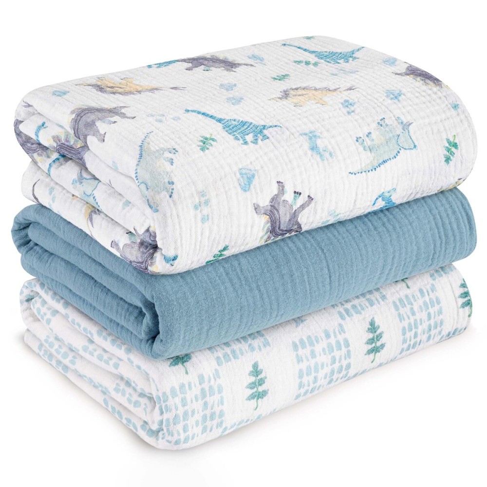 Muslin Swaddle Blankets for Newborn, 3 Pack Breathable Soft Receiving Blanket, Large 38 x 40 inches Swaddle Wrap Burping Clothes Diapers, Essentials Infant Shower Items, Toddler Gift (Blue Dinosaur)