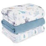 Muslin Swaddle Blankets for Newborn, 3 Pack Breathable Soft Receiving Blanket, Large 38 x 40 inches Swaddle Wrap Burping Clothes Diapers, Essentials Infant Shower Items, Toddler Gift (Blue Dinosaur)