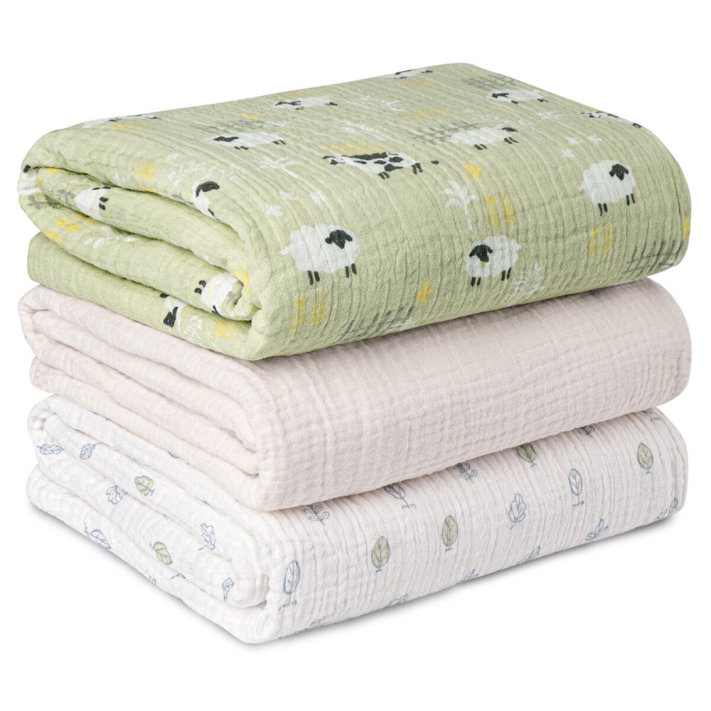 Muslin Swaddle Blankets for Newborn, 3 Pack Breathable Soft Receiving Blanket, Large 38 x 40 inches Swaddle Wrap Burping Clothes Diapers, Essentials Infant Shower Items, Toddler Gift (Cute Farm)