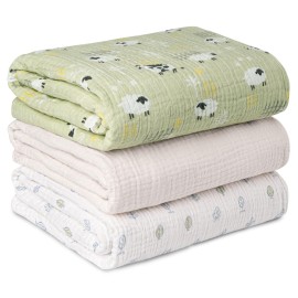 Muslin Swaddle Blankets for Newborn, 3 Pack Breathable Soft Receiving Blanket, Large 38 x 40 inches Swaddle Wrap Burping Clothes Diapers, Essentials Infant Shower Items, Toddler Gift (Cute Farm)
