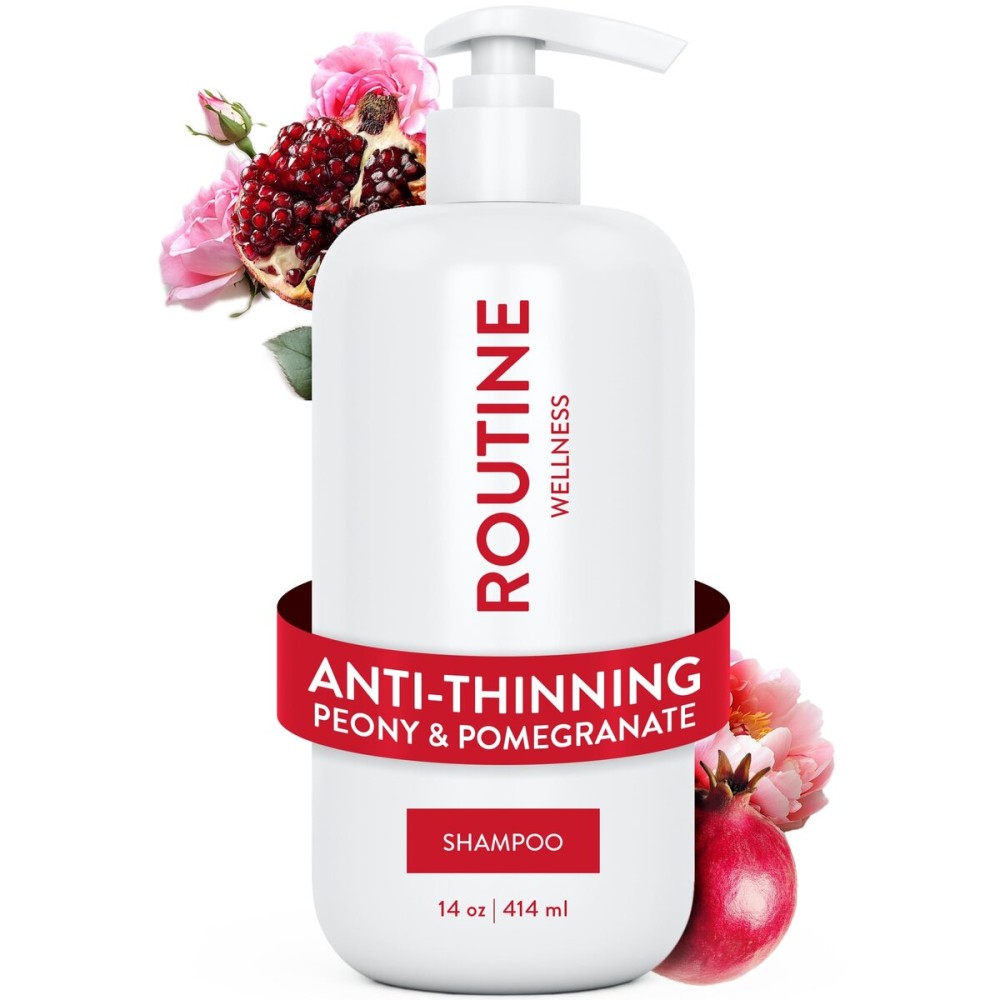 Routine Wellness Anti-Thinning Shampoo for Thinning Hair - Biotin DHT Blocker Women & Men - Color Safe Shampoo for Hair Loss & Healthy Hair - Peony & Pomegranate - 14oz