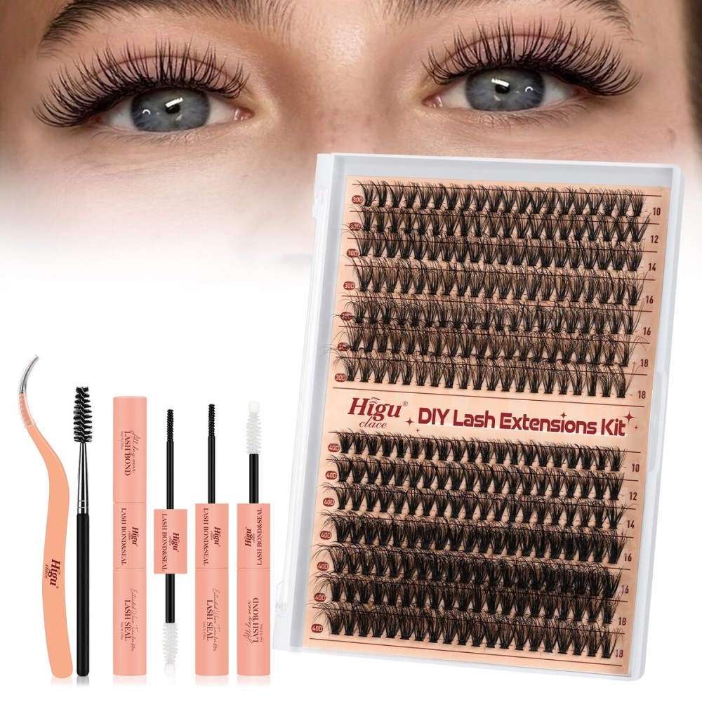Higu clace Cluster-Lashes Kit 30D+40D,Eyelashes Individual Kit Mix 10-18mm Lashes Cluster Kit with Lash Bond and Seal and Lash Applicator, DIY Lash Extension Kit at Home (30D+40D 10-18mm)