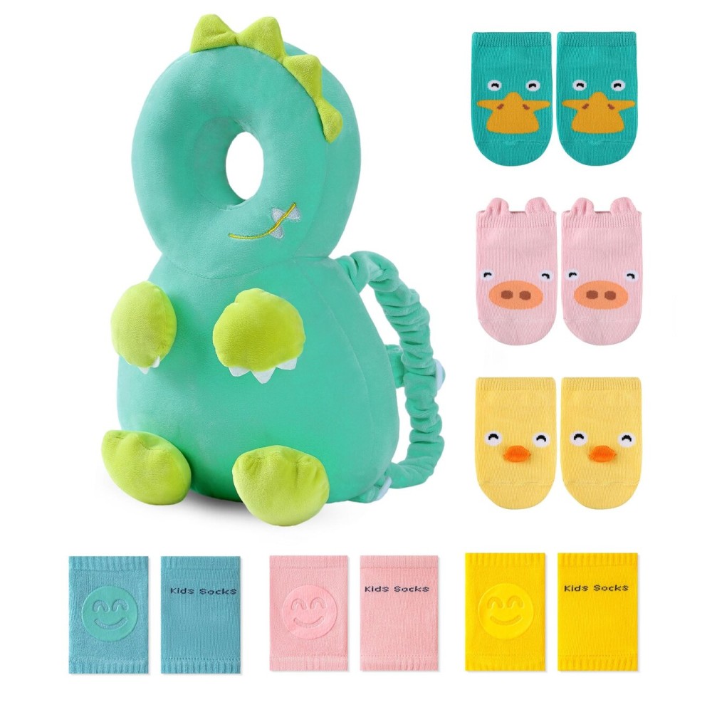 JunNeng Toddler Baby Head Protector Backpack for Toddler Walker with Knee Pads&Anti-Slip Socks, Dinosaur Green