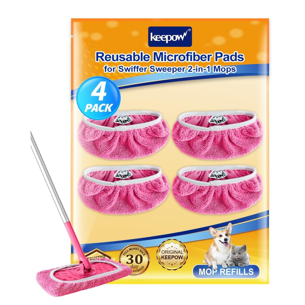 KEEPOW 4 Pack Reusable Mop Pads Compatible with Swiffer Sweeper, Microfiber Washable Swiffer Mop Pads, Dry & Wet Sweeping Mopping Cloths (Pink)