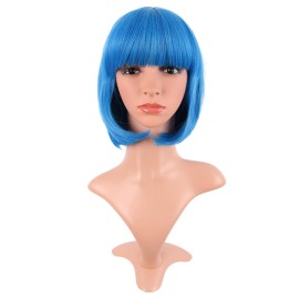 MapofBeauty 12 Inch /30 cm Fashion Lady Short Straight Synthetic Flat Bangs Bob Wig (Mixed Vivid Blue)