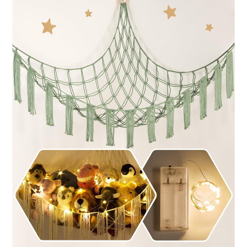 RelaxScene Stuffed Animal Hammock Corner Storage with LED Light - Plush Hammock Large Plushie Net - Stuffed Animal Holder Hanging Organizer - Teddy Bear Hammocks Room Decorations