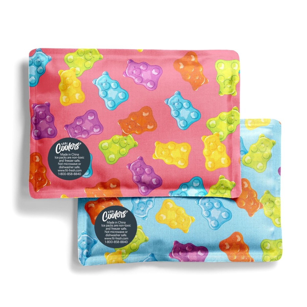 Fit & Fresh Cool Coolers 2 Pack Soft Ice for Lunch Bags, Flexible Stretch Nylon, Durable, Reusable Lunch Box Ice Packs, Soft Ice, Reusable Freezer Packs, Lunch Ice, Easy to Clean, Gummy Bears