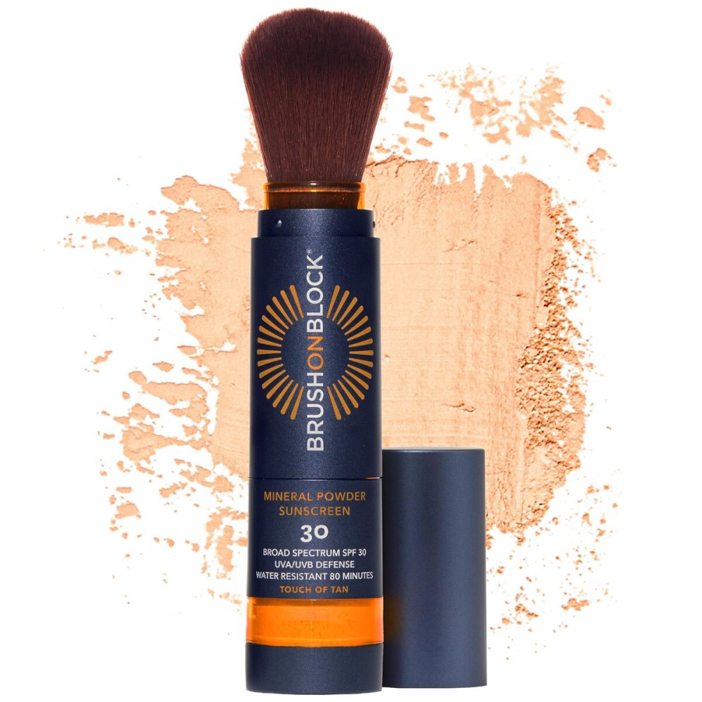 Brush On Block New Formula SPF 30 Mineral Powder Sunscreen, Touch of Tan, Refillable, Broad Spectrum, Water Resistant Face Protection, For All Skin Types, Subtle Hint of Color, Reef Friendly
