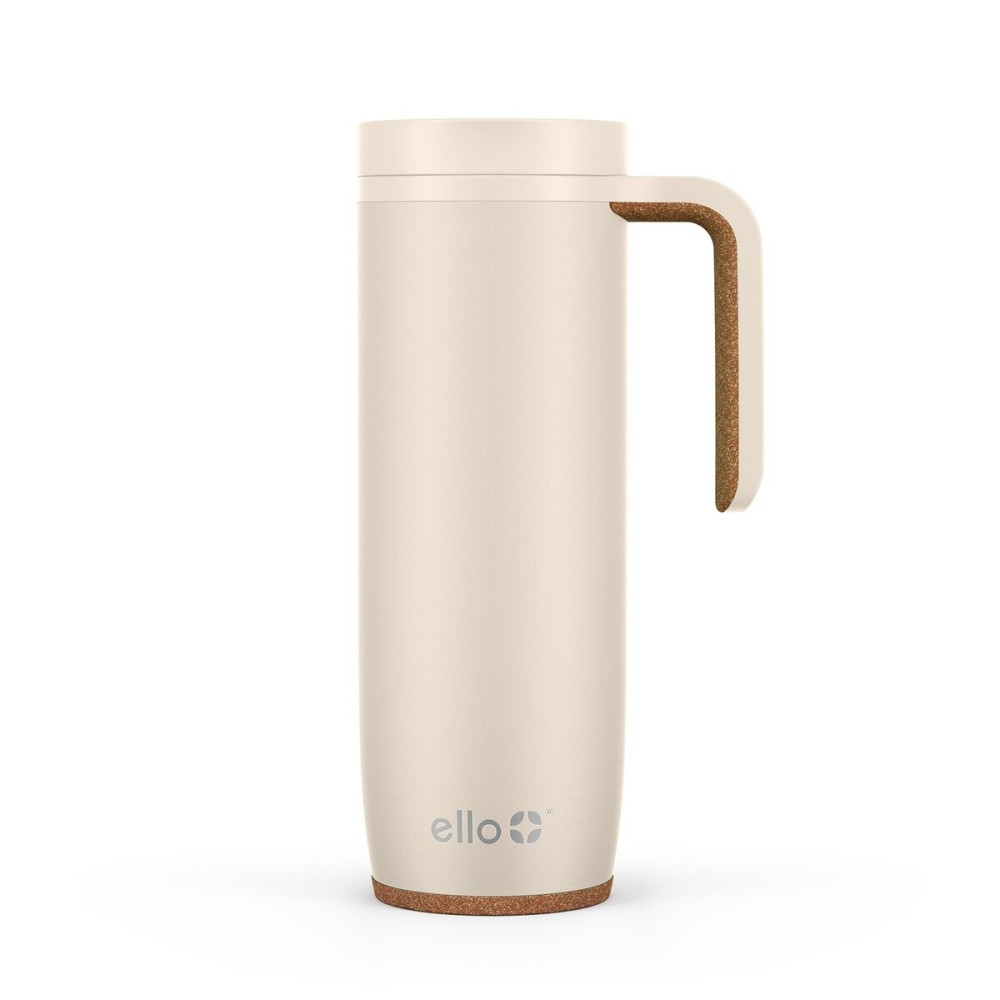 Ello Magnet 18oz Stainless Steel Travel Mug with Handle and Leak Proof Lid | Vacuum Insulated Coffee Cup Keeps Drinks Hot for 5 Hours | BPA Free Tumbler with Built In Coaster, Limestone