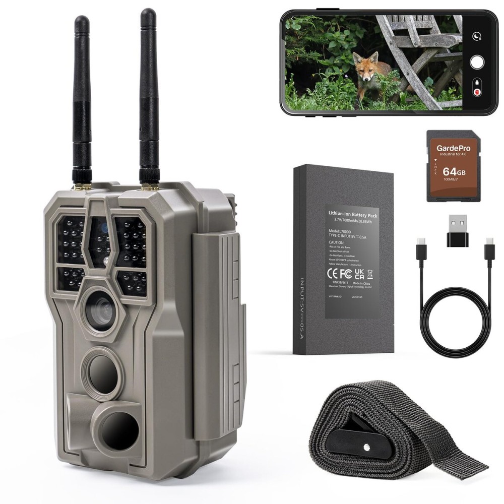 GardePro E8 2.0 Pro WiFi Trail Camera 4K with 64GB SD Card & 7800mAh Battery, Dual Antennas, Night Vision, App Control, Waterproof Game Camera for Wildlife or Property