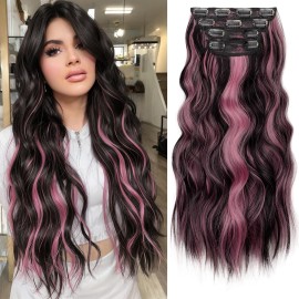 KooKaStyle Clip in Hair Extensions 4PCS Long Wavy Natural & Soft Hairpieces for Women 20 Inch for Women(Natural Black Pink)
