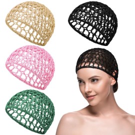 Geyoga 4 Pieces Mesh Crochet Hair Net Rayon Knit Snood Hat Thick Short Women Hairnet Snoods Cover Ornament for Sleeping(Black, Green, Pink, Beige)