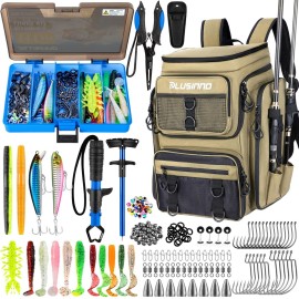 PLUSINNO Fishing Backpack with Rod Holders Tackle Box, 42L Large Water-resistant Tackle Bag Store Fishing Gear