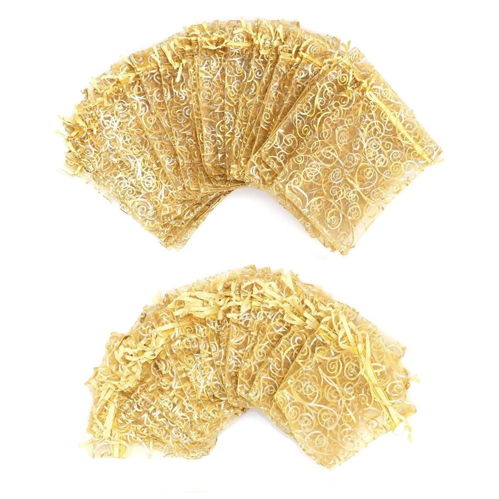 Staruby Organza Gift Bags Gold Sheer Organza Bag 50Pcs 4x6 Inch and 50Pcs 5x7 Inch Mesh Favor Bags Drawstring Jewelry Rattan Printed Gift Pouches for Wedding Party Favors Couple Shower Christmas Gifts Candy Bags