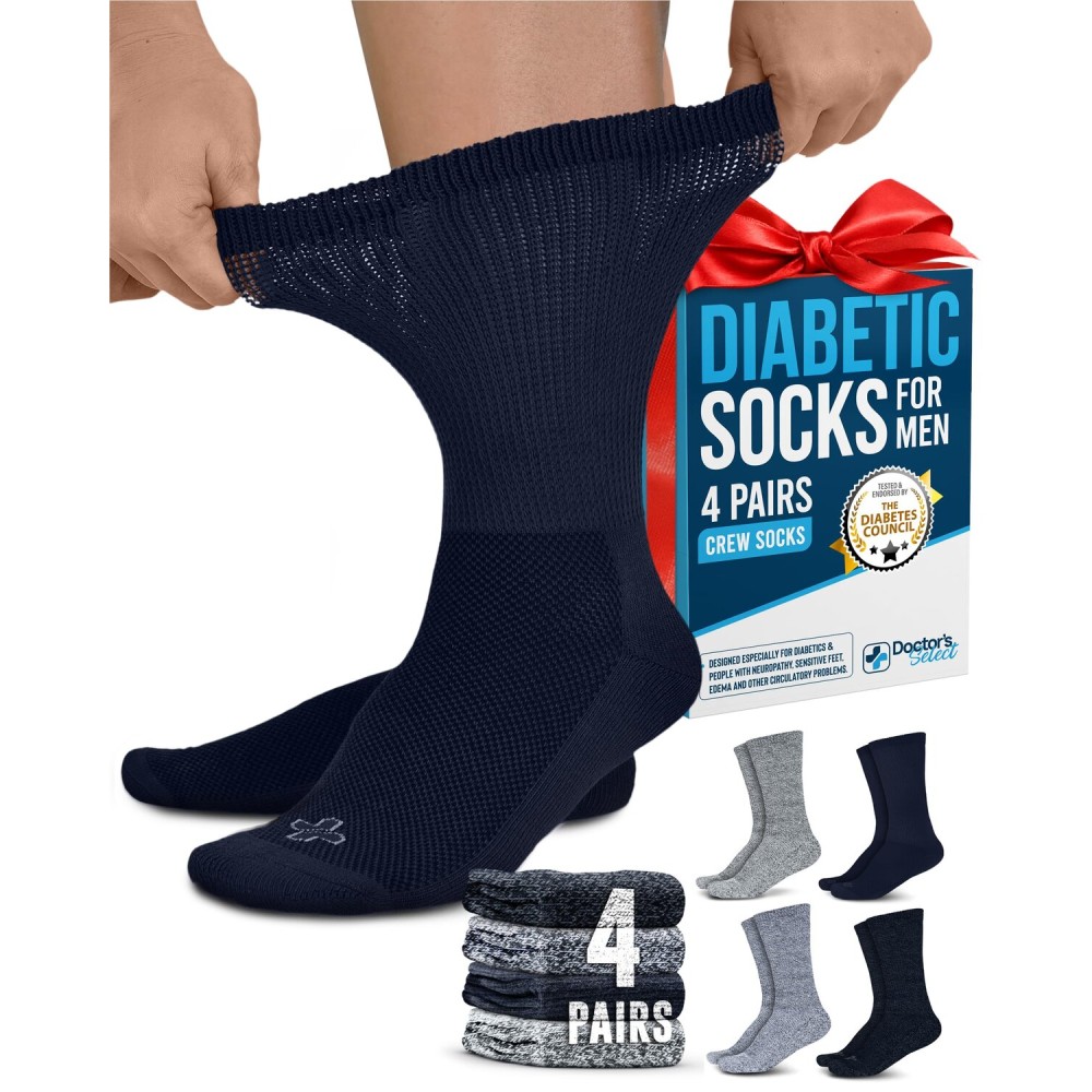 Doctor\'s Select Men\'s Diabetic Socks for Men Size 13-15 - 4 Pairs, Crew, Black, Grey, White (Marled) Wht-4P