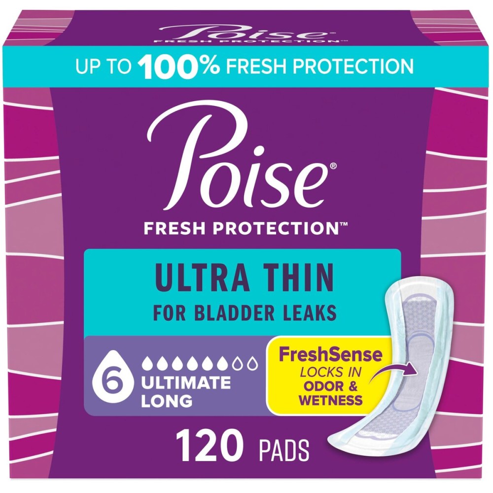 Poise Ultra Thin Incontinence Pads & Postpartum Pads for Bladder Leaks, 6 Drop Ultimate Absorbency, Long Length, 120 Count (3 Packs of 40), Packaging May Vary