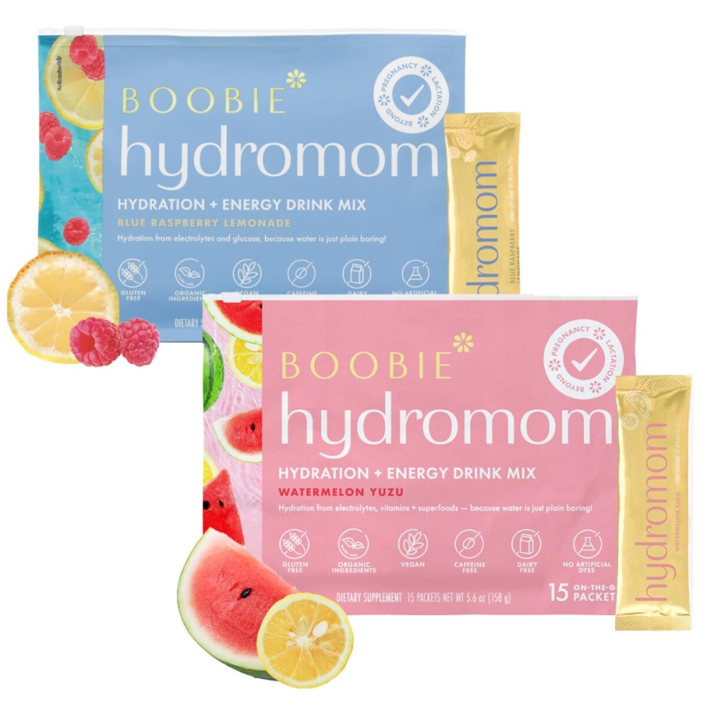 Boobie Hydromom Superfood Electrolyte Drink Mix, Watermelon Yuzu + Blue Raspberry Lemonade | Refreshing Energy, Hydration Boost | On-The-Go Travel Essential for Pregnancy, Lactation, & Beyond - 2 Pack
