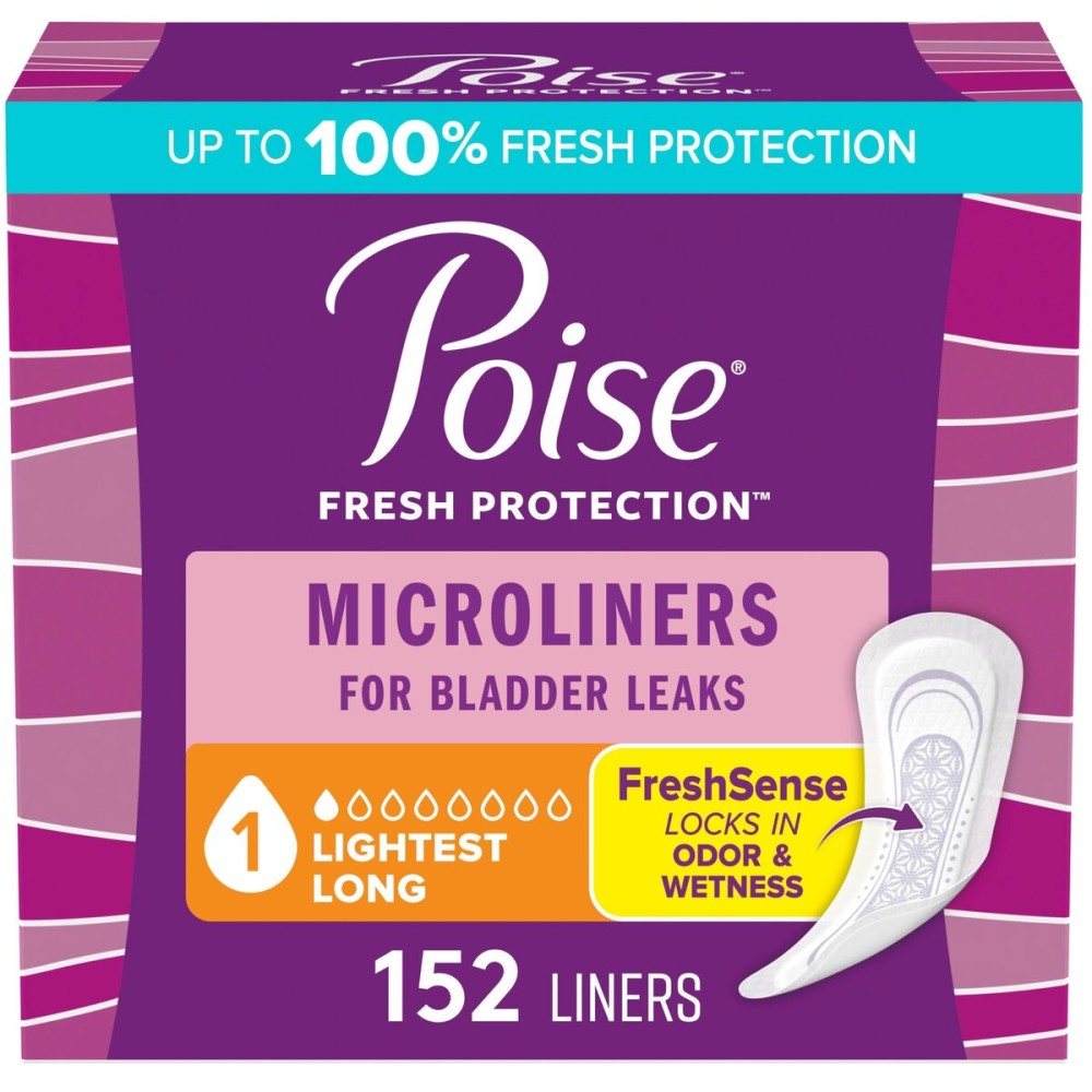 Poise Daily Microliners, Incontinence Panty Liners for Bladder Leaks, 1 Drop Lightest Absorbency, Long Length, 152 Count of Pantiliners (4 Packs of 38)
