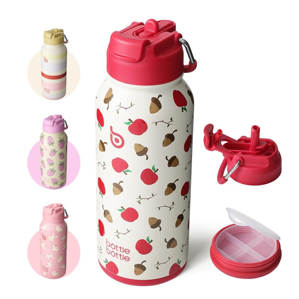 BOTTLE BOTTLE 32oz Insulated Water Bottle Stainless Steel Sport Water Bottle with Straw Dual-use Lid Design for Gym with Pill Box (Berry)