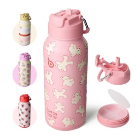 BOTTLE BOTTLE 32oz Insulated Water Bottle Stainless Steel Sport Water Bottle with Straw Dual-use Lid Design for Gym with Pill Box (Bear Cookies)