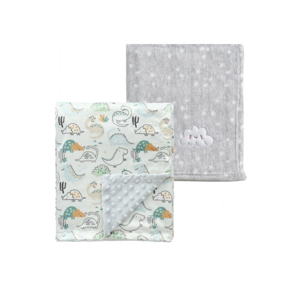 CREVENT 2Pcs 30\'\'X40\'\' Cute Cozy Fluffy Warm Baby Blankets for Infants Toddlers\' Bedding Crib Cot Stroller - Grey Cloud + Minky Dinosaur