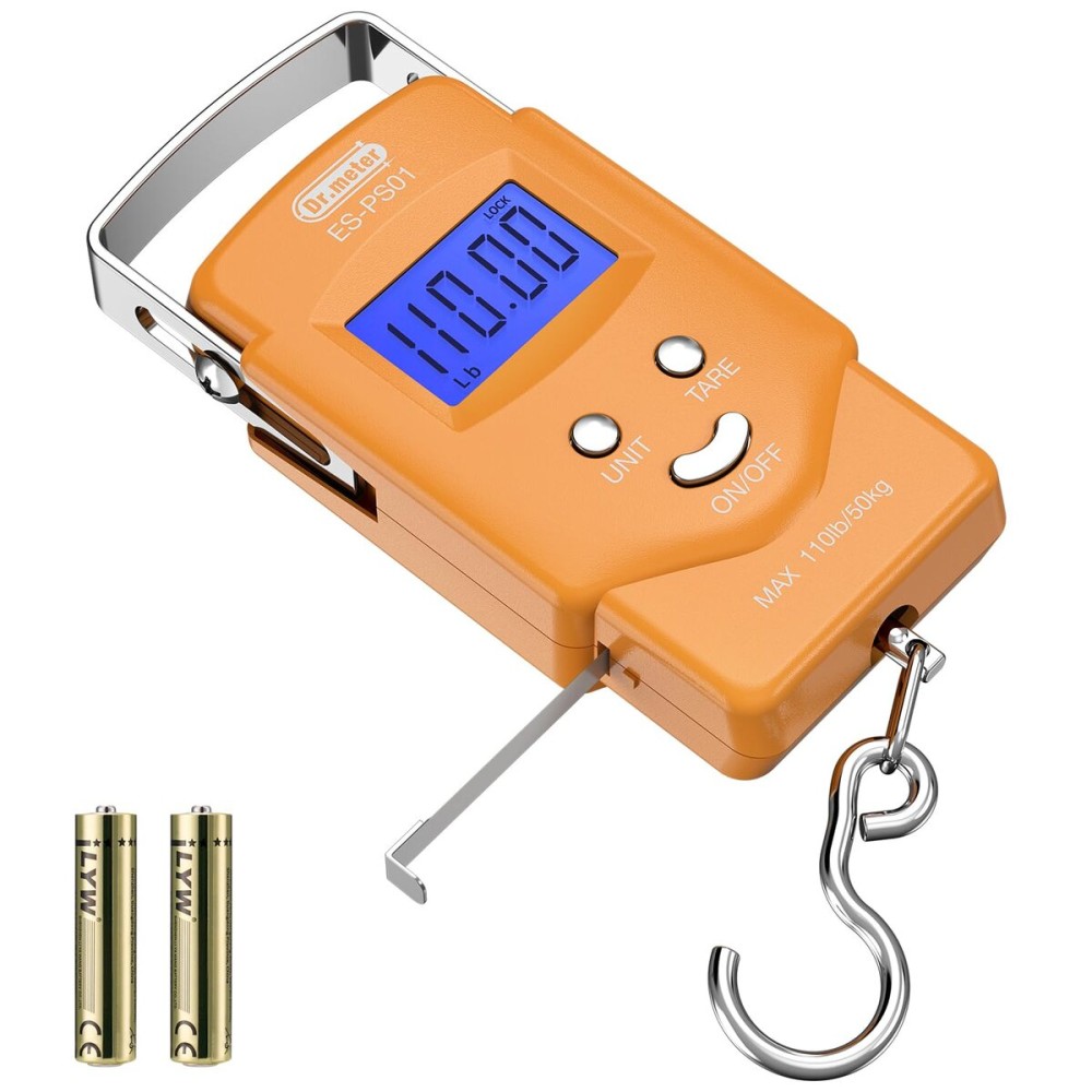 Dr.meter Fish Scale Luggage Scale Fishing Gear - 110lb/50kg Backlit LCD Display Digital Scale with Built-in Measuring Tape - Fishing Scale with 2 AAA Batteries, Pocket Size - Fishing Gifts for Men
