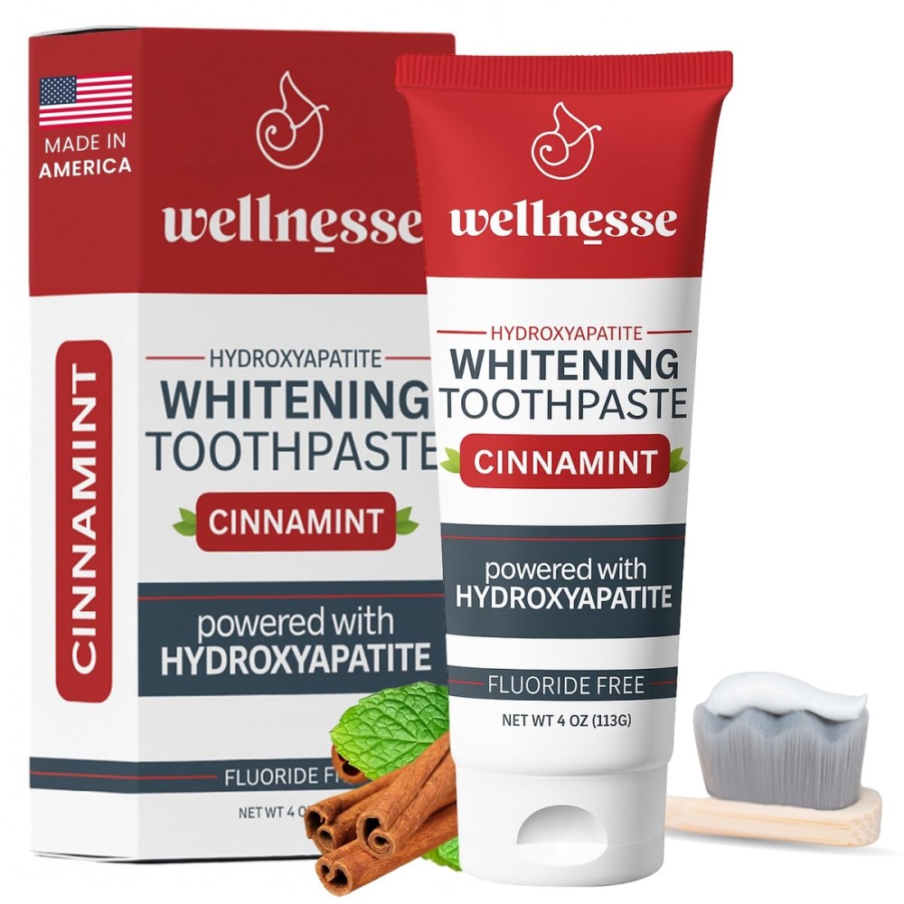 Wellnesse Hydroxyapatite Toothpaste - Fluoride Free for Sensitive Gums - Anti-Plaque, Remineralizing, Enamel Protection & Natural Whitening Toothpaste for Adults - Cinnamint Flavor - 4 oz