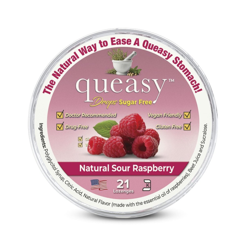 Three Lollies Queasy Drops Sugar Free - Natural Sour Raspberry Flavor - Ease Chemotherapy Nausea & Travel Sickness, Alleviates a Dry Mouth, Natural Ingredients - 21ct