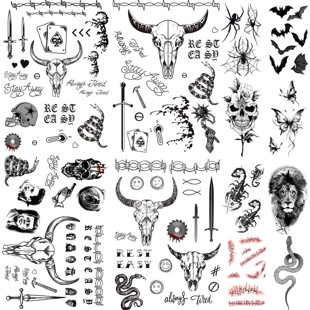 12 Sheets 90+ PCS Halloween Face Temporary Tattoos Stickers, Halloween Face Fake Tattoos Spider Bat Snake Skull Lion Tattoos Halloween Makeup Kit For Women Girls Halloween Masquerade Party