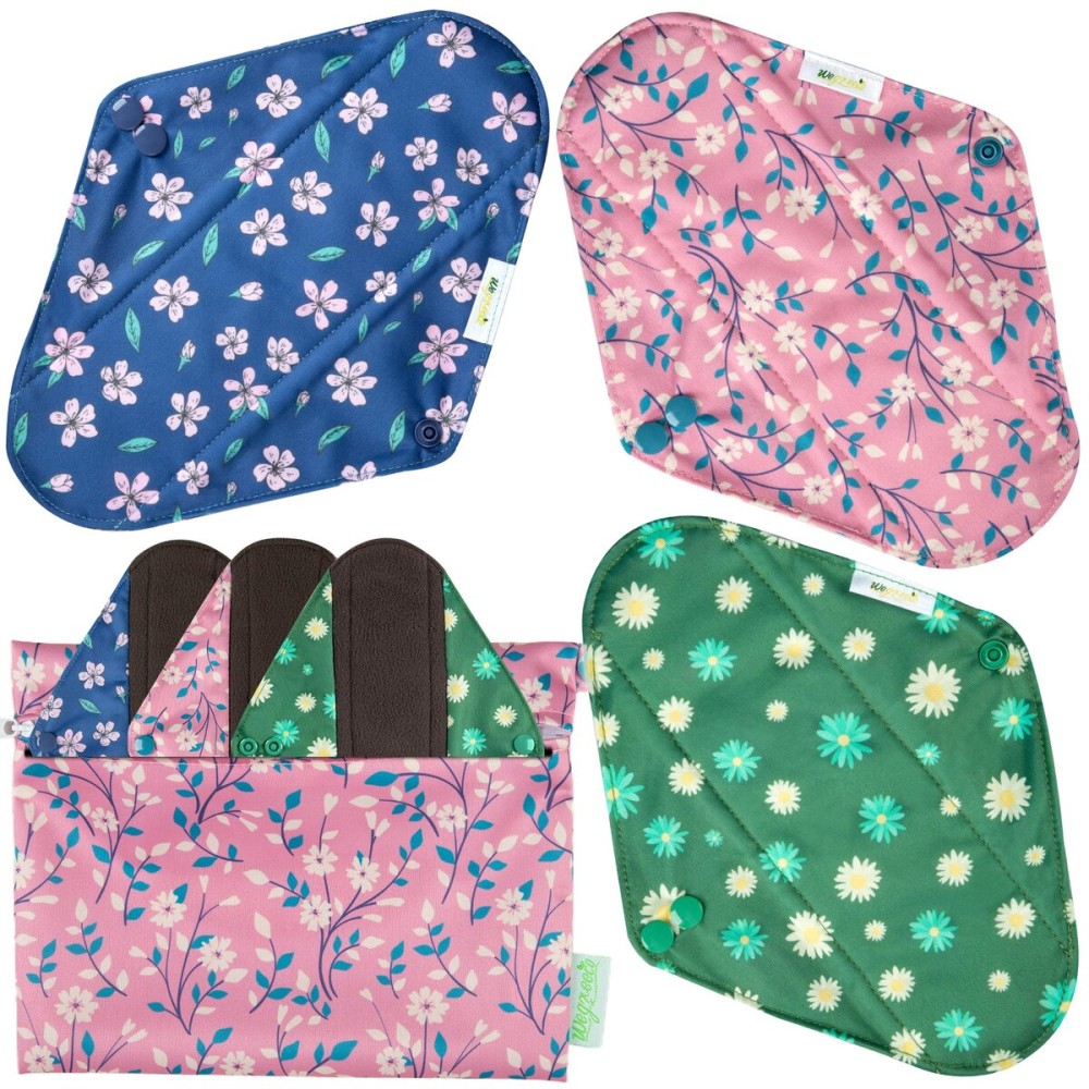 Wegreeco Cloth Menstrual Pads - Soft Washable Pads for Women - Reusable Panty Liners for Women - 6 Pack with 1 Cloth Mini Wet Bag (Medium, Chrysanthemums)