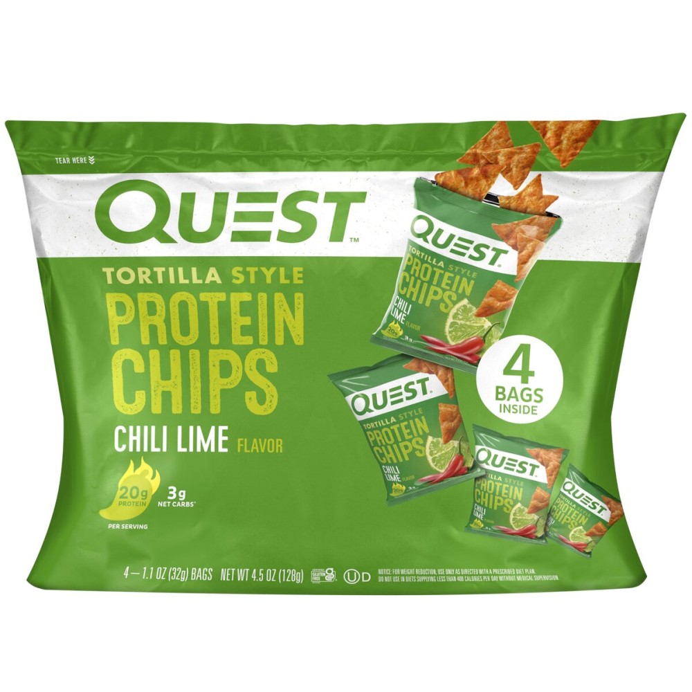 Quest Nutrition Chili Lime Tortilla Style Protein Chips, 20g Protein, 3g Net Carbs, Low Carb, Gluten Free, 1.1 oz (Pack of 4)