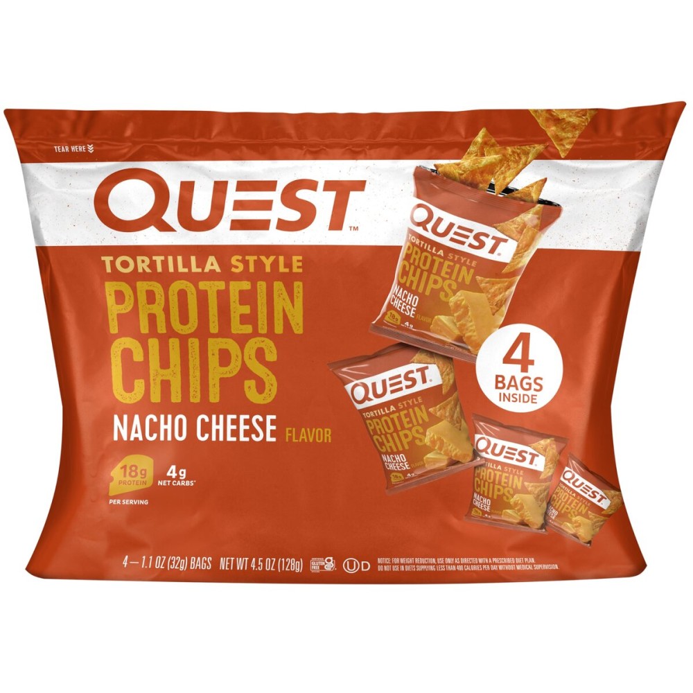 Quest Nutrition Nacho Cheese Tortilla Style Protein Chips, 18g Protein, 4g Net Carb, Low Carb, Gluten Free, 1.1 oz (Pack of 4)