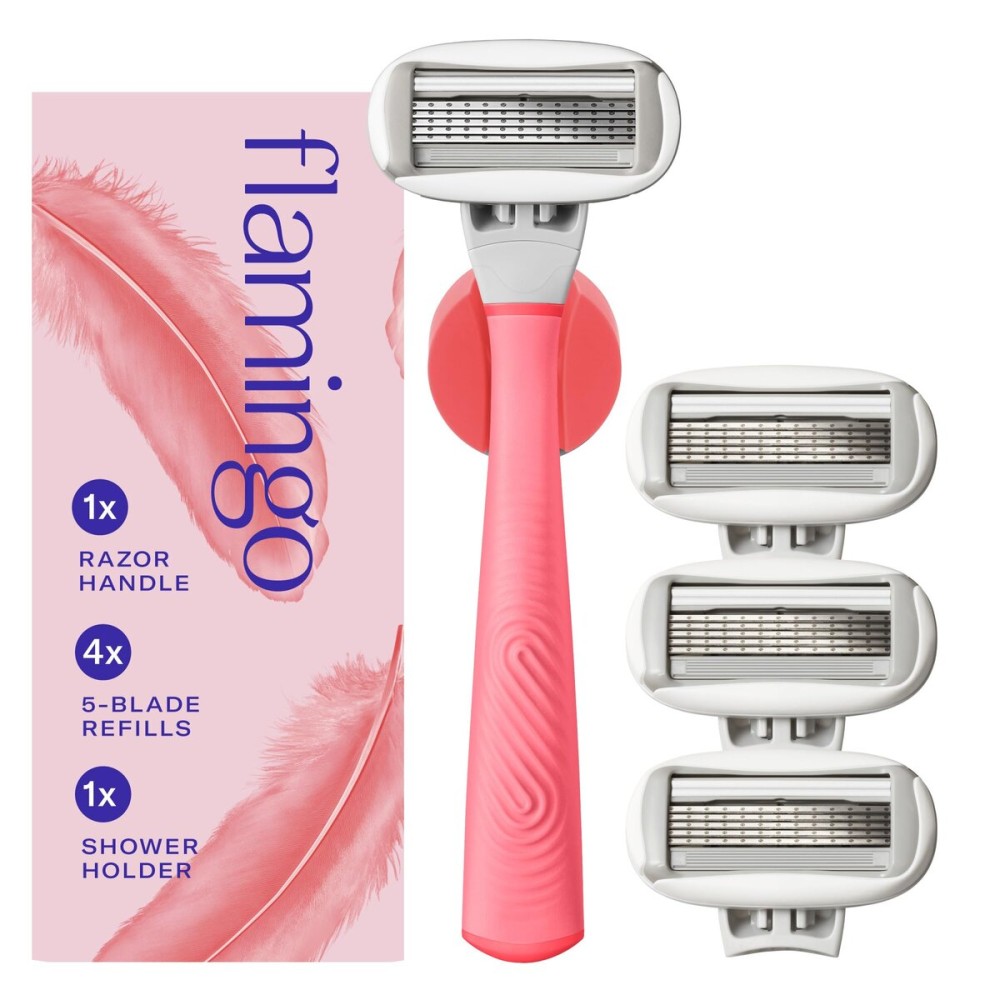 Flamingo Shaving Razor Set for Women - Original Razor Handle, 4 Blade Refills, and Shower Holder - Pink