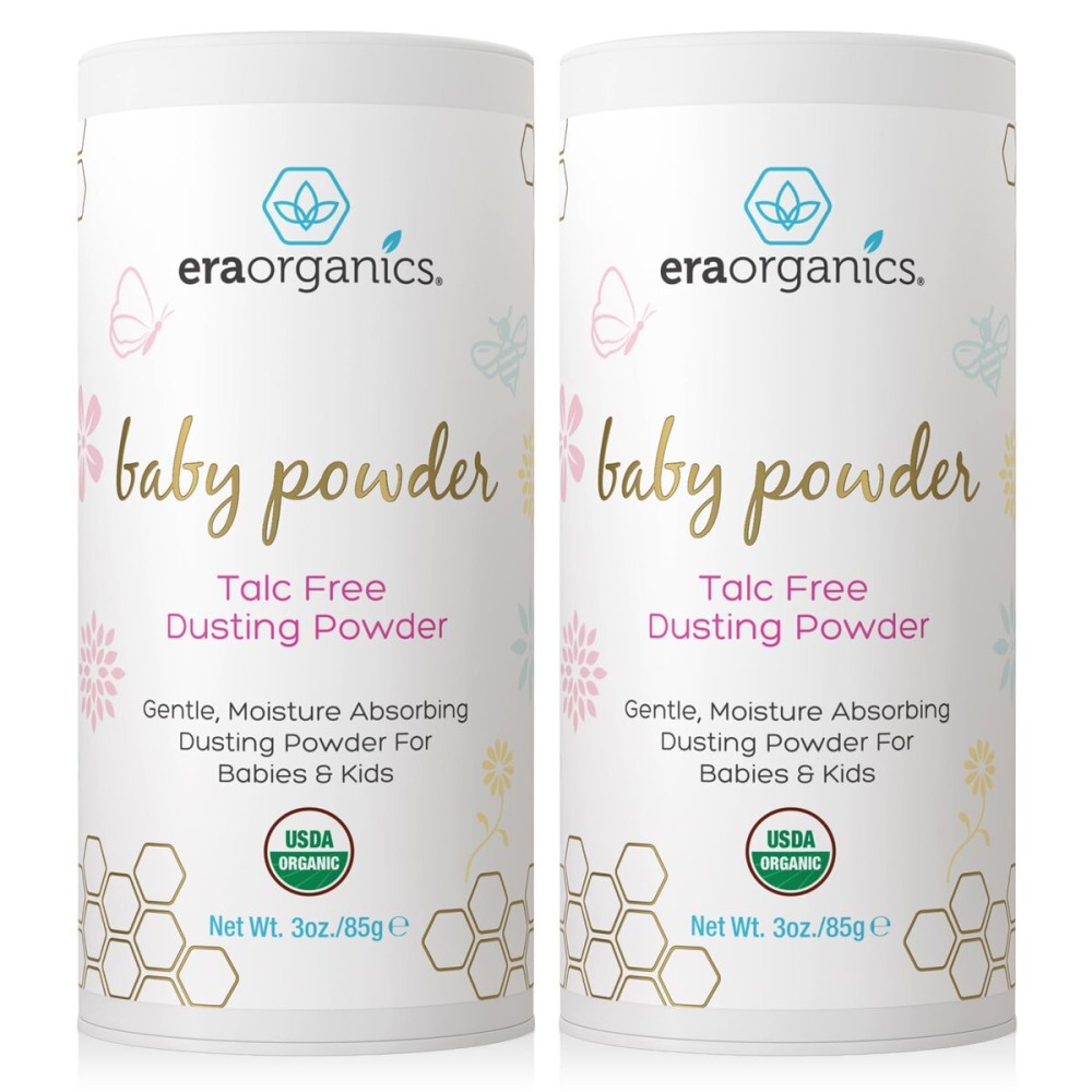 Era Organics Talc-Free Organic Baby Powder - USDA Organic Dusting Powder with Arrowroot, Calendula and Cornstarch for Newborns, Babies or Toddlers - Soothing, Fragrance Free (3oz/85g) - 2 Pack