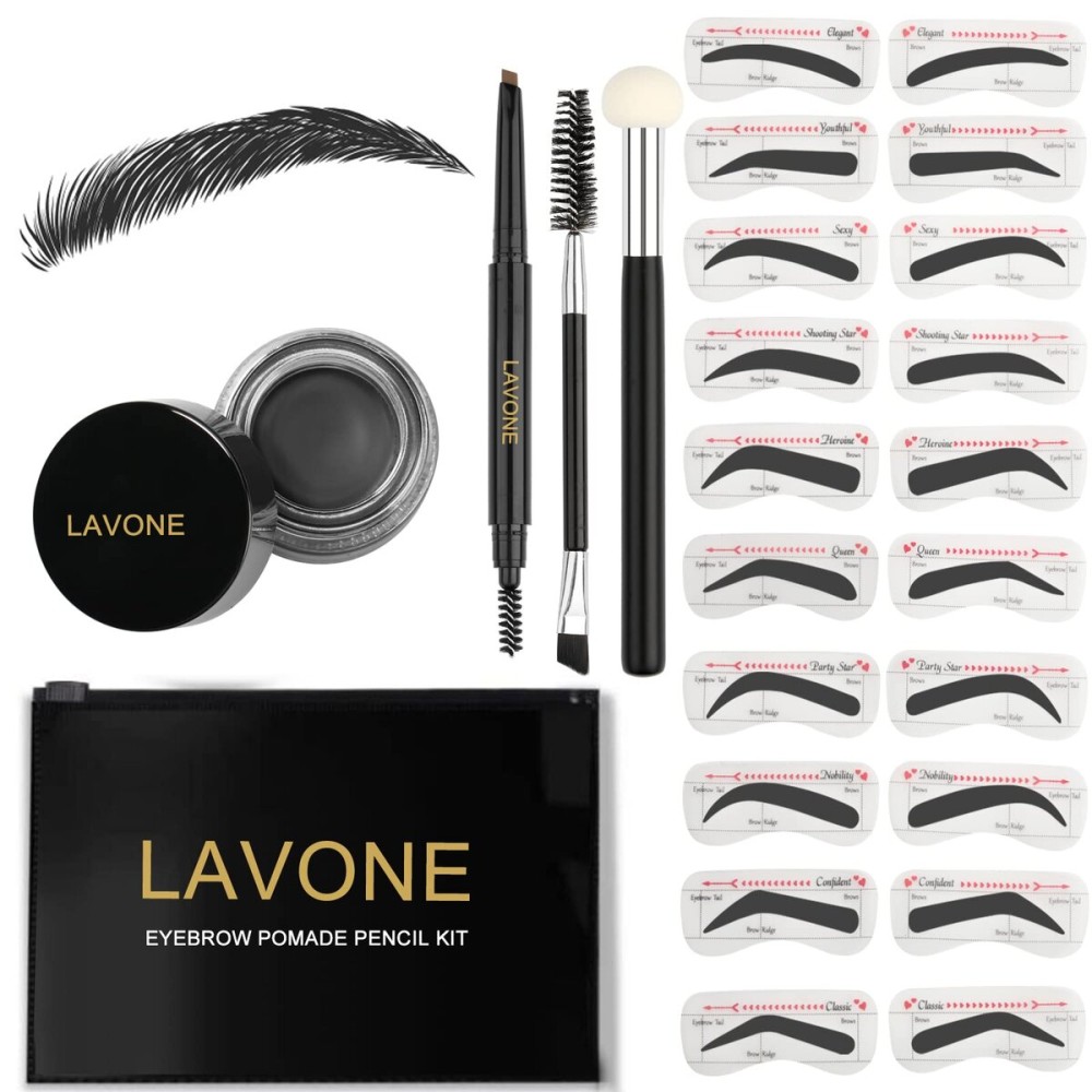 LAVONE Eyebrow Stamp Stencil Kit for Eyebrows, Brow Stamp Trio Kit with Waterproof Eyebrow Pencil, Eyebrow Pomade, 20 Eyebrow Stencils, Dual-ended Eyebrow Brush and Sponge Applicator - Black