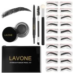 LAVONE Eyebrow Stamp Stencil Kit for Eyebrows, Brow Stamp Trio Kit with Waterproof Eyebrow Pencil, Eyebrow Pomade, 20 Eyebrow Stencils, Dual-ended Eyebrow Brush and Sponge Applicator - Black