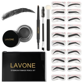 LAVONE Eyebrow Stamp Stencil Kit for Eyebrows, Brow Stamp Trio Kit with Waterproof Eyebrow Pencil, Eyebrow Pomade, 20 Eyebrow Stencils, Dual-ended Eyebrow Brush and Sponge Applicator - Black