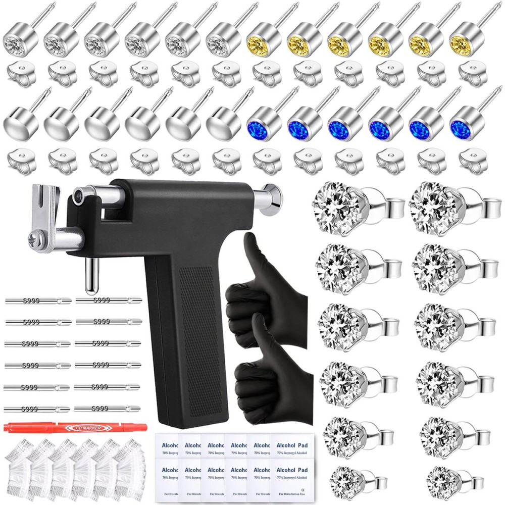 Self Ear Piercing Gun Kit with 18 Pairs of CZ Ear Stud Piercing Tools with Multi-Purpose Ear Gun for Salon and Home Use, Silver