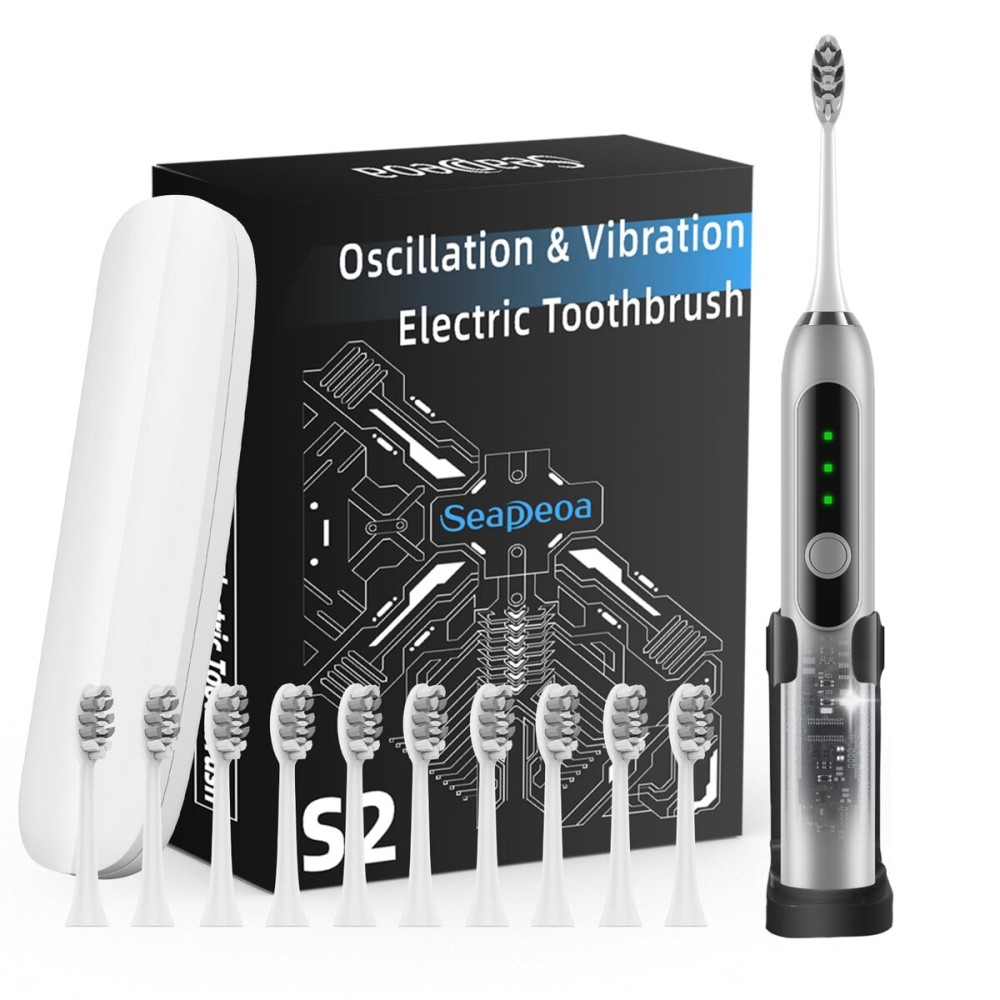 Seapeoa Adult Sonic Electric Toothbrush with 10 Brush Heads, Travel case, and Wall Bracket, Suitable for Both Adults and Children, IPX8 Waterproof, USB Charging, 42000VPM, Silver