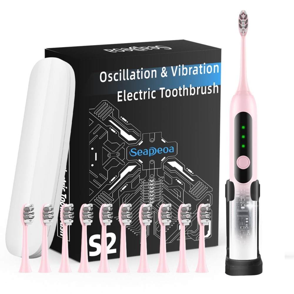Seapeoa Adult Sonic Electric Toothbrush with 10 Brush Heads, Travel case, and Wall Bracket, Suitable for Both Adults and Children, IPX8 Waterproof, USB Charging, 42000VPM, Pink